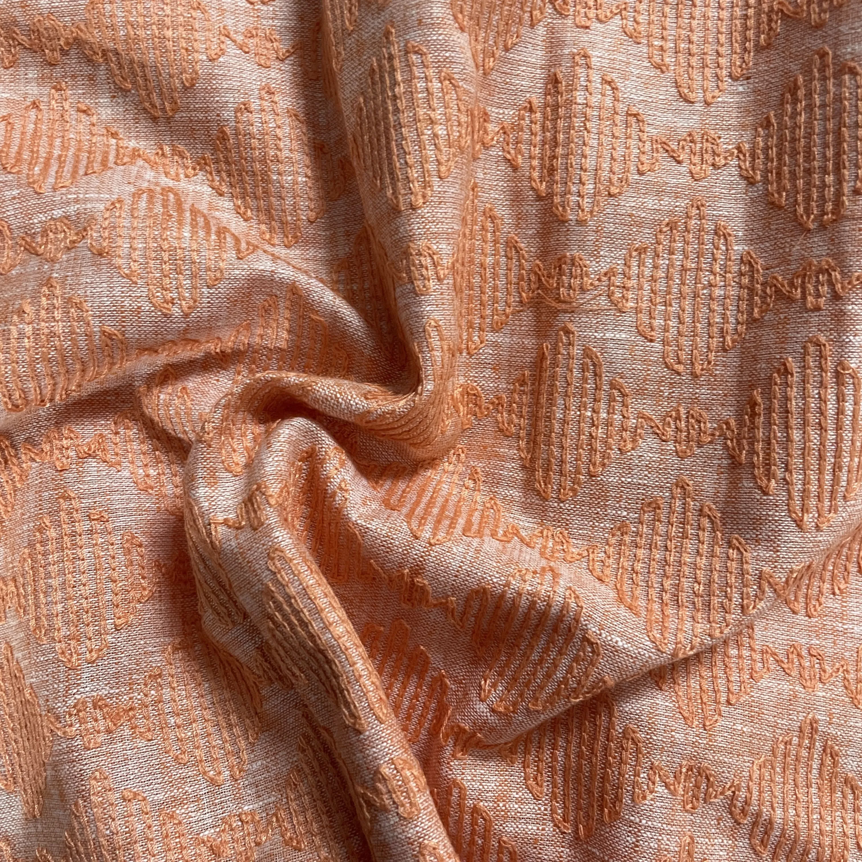 Orange Abstract Thread Embroidery Linen Fabric