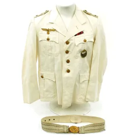 Original German WWII Kriegsmarine Oberleutnant White Summer Tunic with Officer Brocade Belt