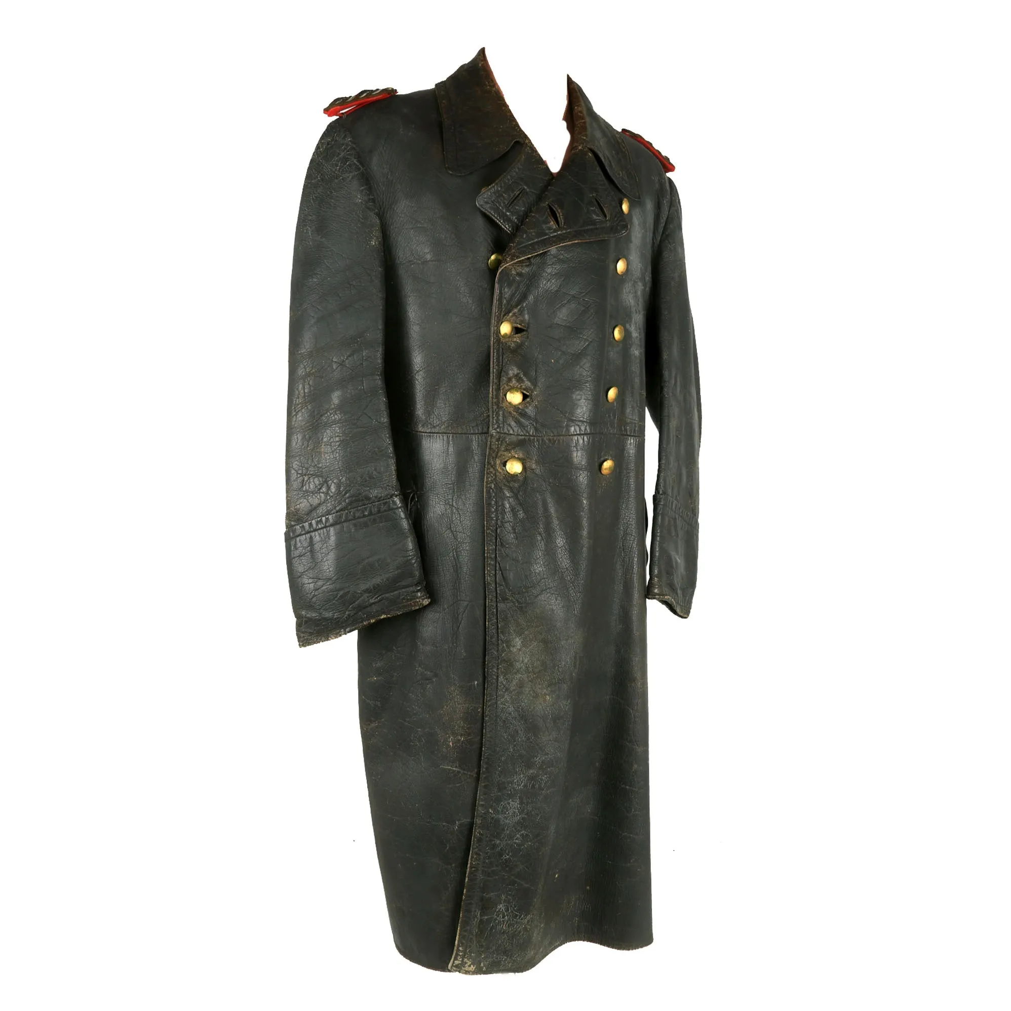 Original German WWII Leather Greatcoat & Swagger Stick Attributed to 4th Panzer Div. & 5th Panzer Army Commander General der Panzertruppen Heinrich Eberbach - Formerly Part of the A.A.F. Tank Museum