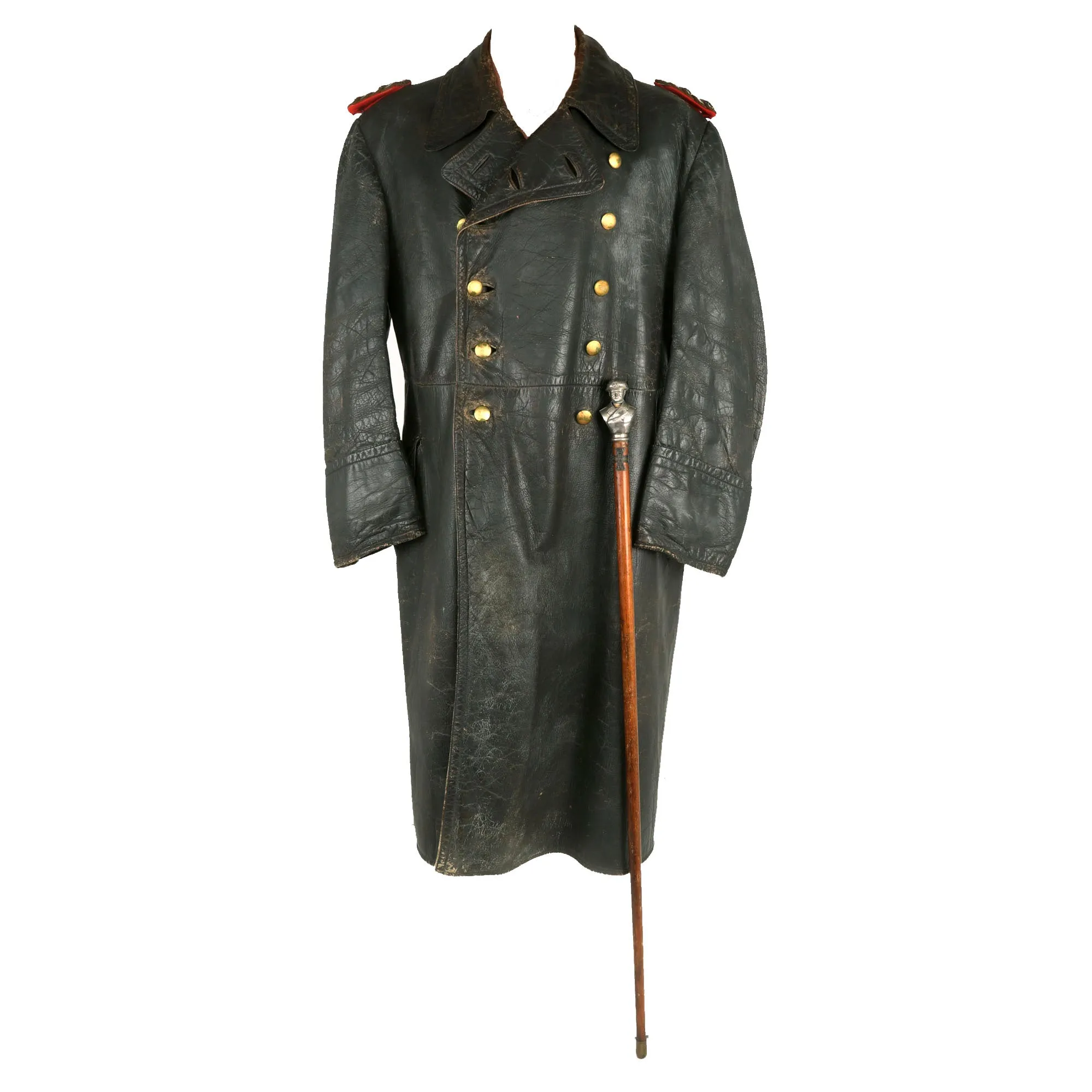 Original German WWII Leather Greatcoat & Swagger Stick Attributed to 4th Panzer Div. & 5th Panzer Army Commander General der Panzertruppen Heinrich Eberbach - Formerly Part of the A.A.F. Tank Museum