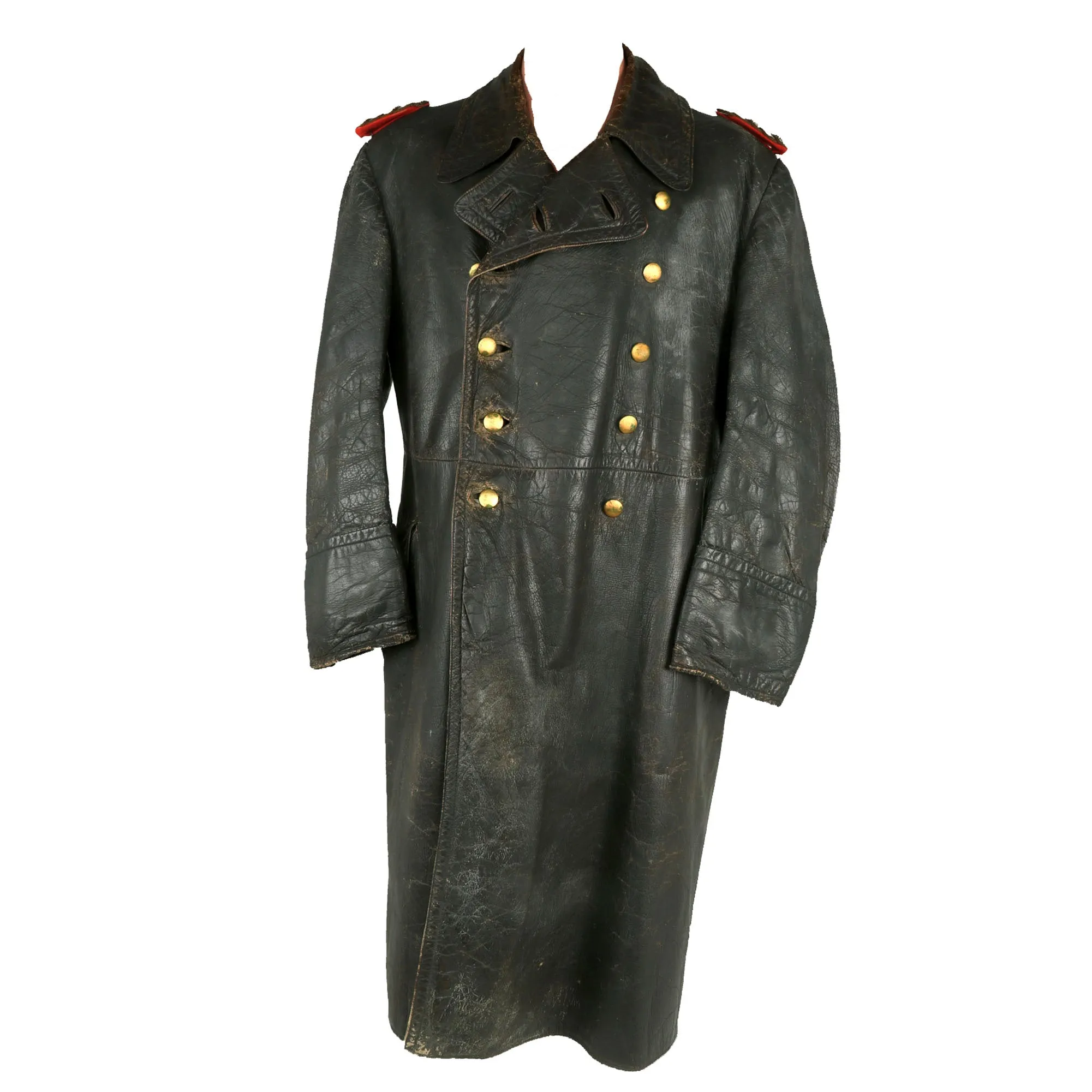 Original German WWII Leather Greatcoat & Swagger Stick Attributed to 4th Panzer Div. & 5th Panzer Army Commander General der Panzertruppen Heinrich Eberbach - Formerly Part of the A.A.F. Tank Museum