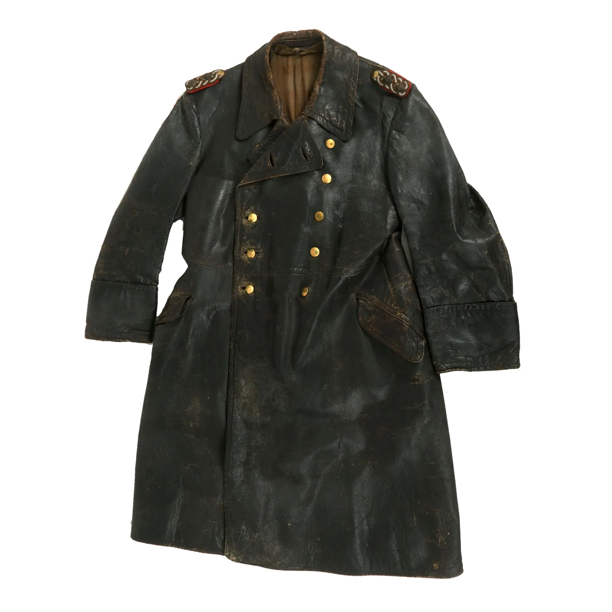 Original German WWII Leather Greatcoat & Swagger Stick Attributed to 4th Panzer Div. & 5th Panzer Army Commander General der Panzertruppen Heinrich Eberbach - Formerly Part of the A.A.F. Tank Museum