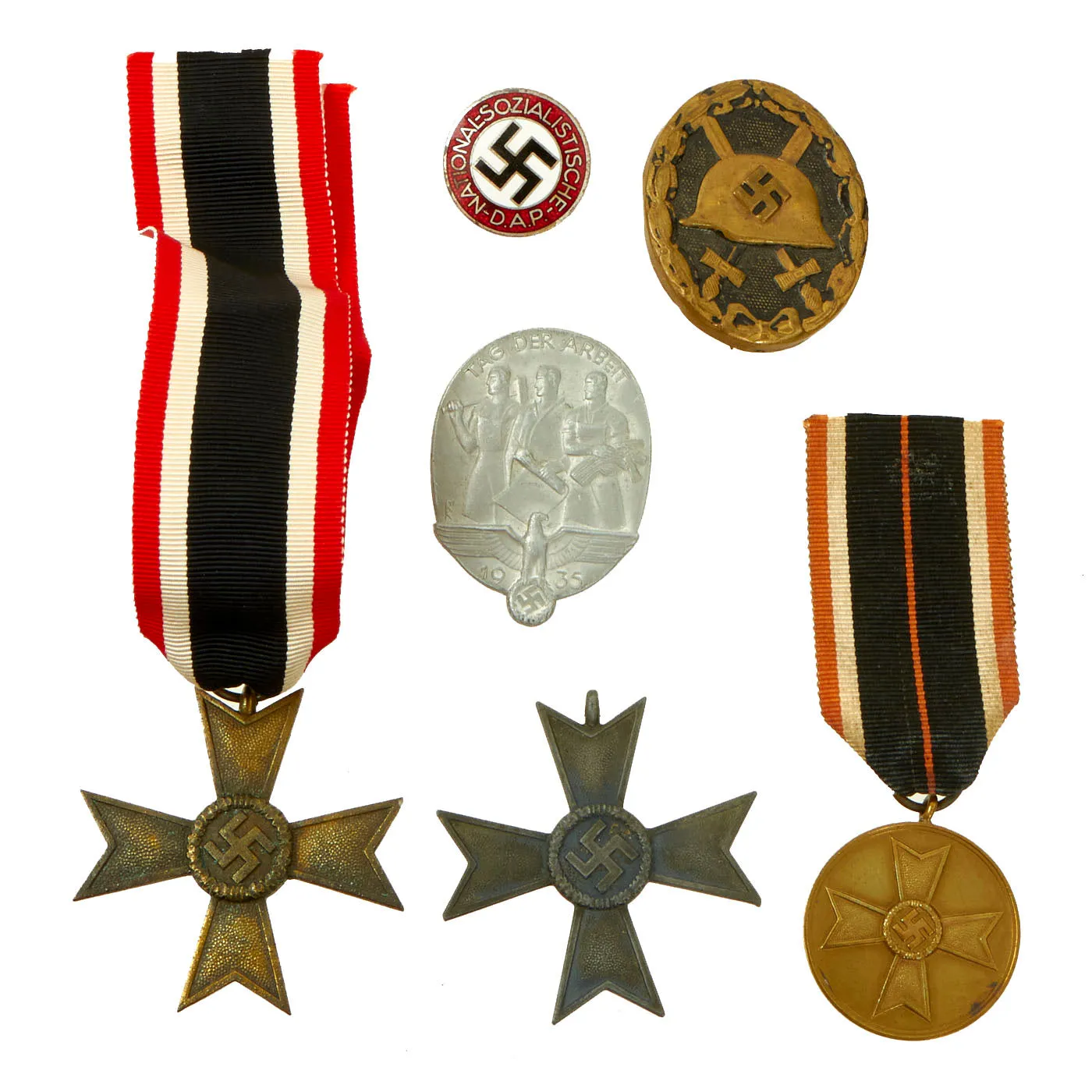 Original German WWII Medal and Insignia Lot Featuring NSDAP Party Pin and Wound Badge - 6 Items