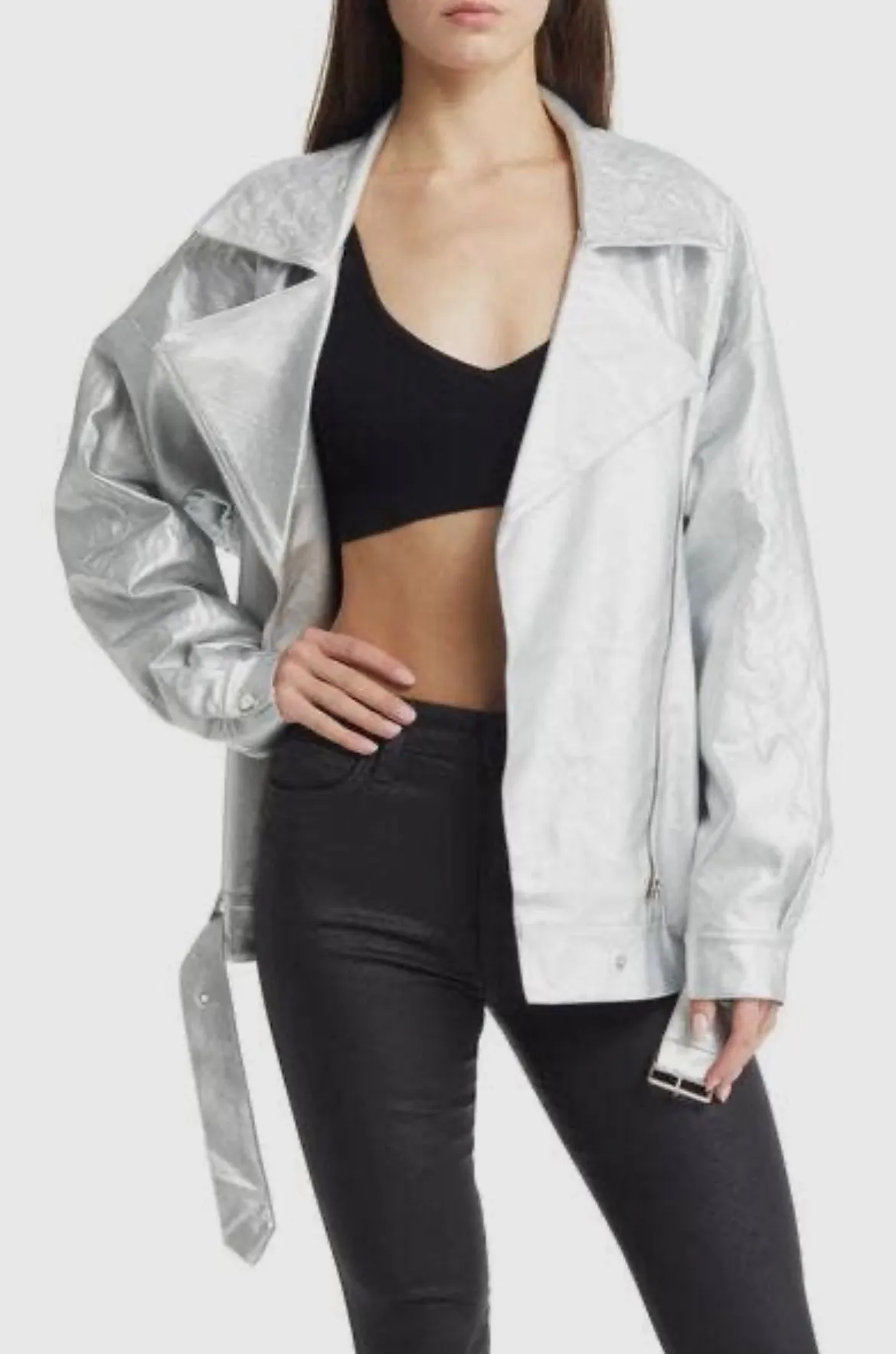 Oversized Moto Silver Jacket