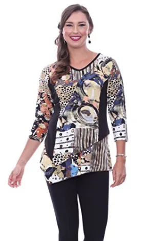 Parsley & Sage Bethany Asymmetric 3/4 Sleeve V-Neck Fancy Tunic Abstract Pattern