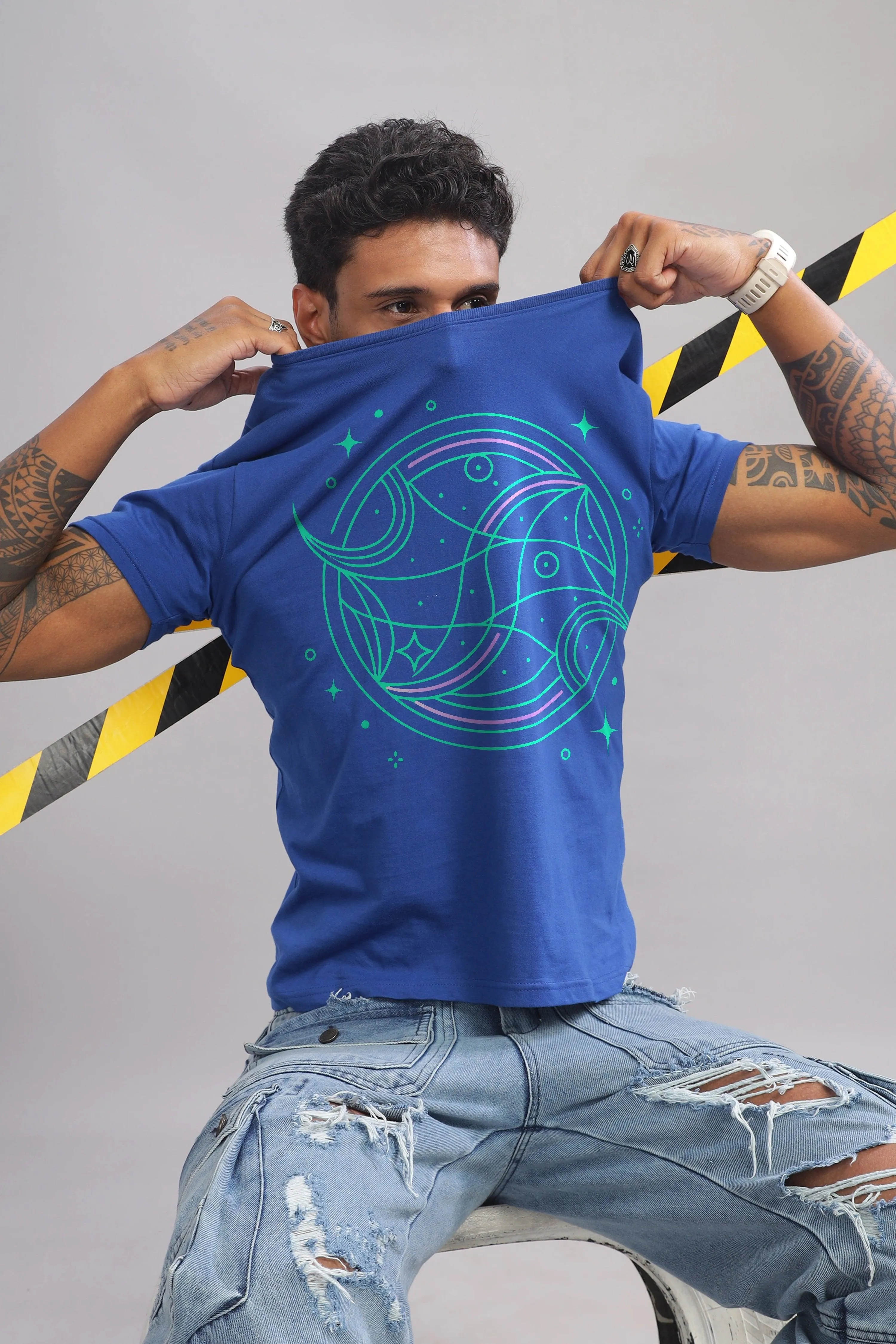 Peaceful Piscean Royal Blue Half Sleeve Printed Round Neck T-Shirt