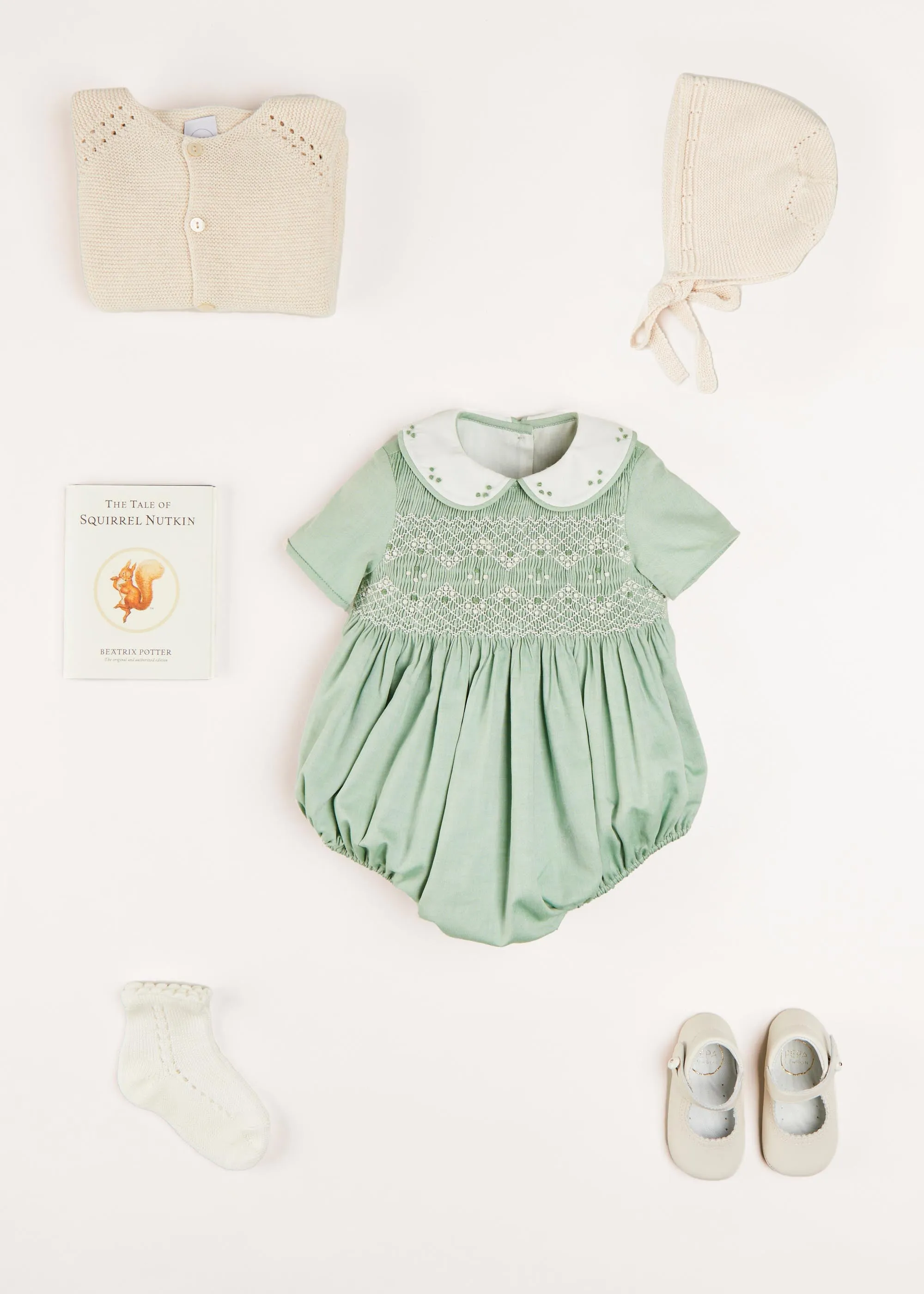 Peter Pan Collar Hand Smocked Short Sleeve Romper in Green (6mths-2yrs)