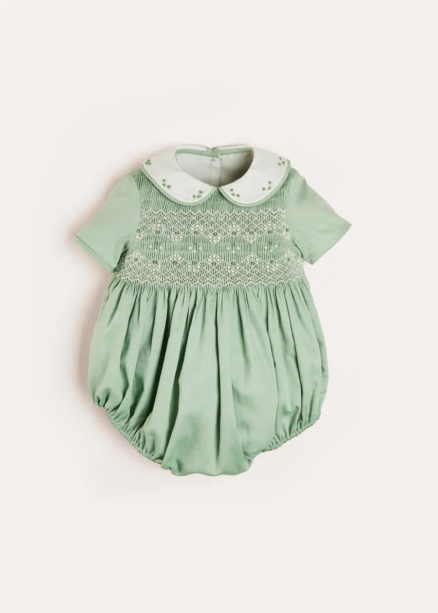 Peter Pan Collar Hand Smocked Short Sleeve Romper in Green (6mths-2yrs)