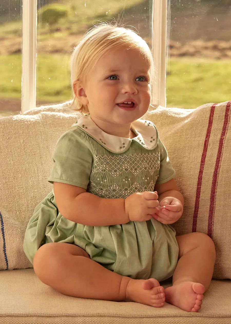 Peter Pan Collar Hand Smocked Short Sleeve Romper in Green (6mths-2yrs)