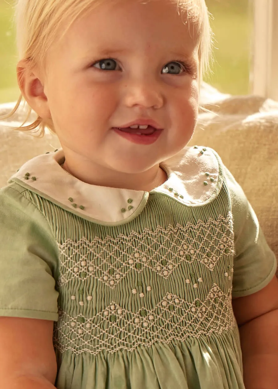 Peter Pan Collar Hand Smocked Short Sleeve Romper in Green (6mths-2yrs)