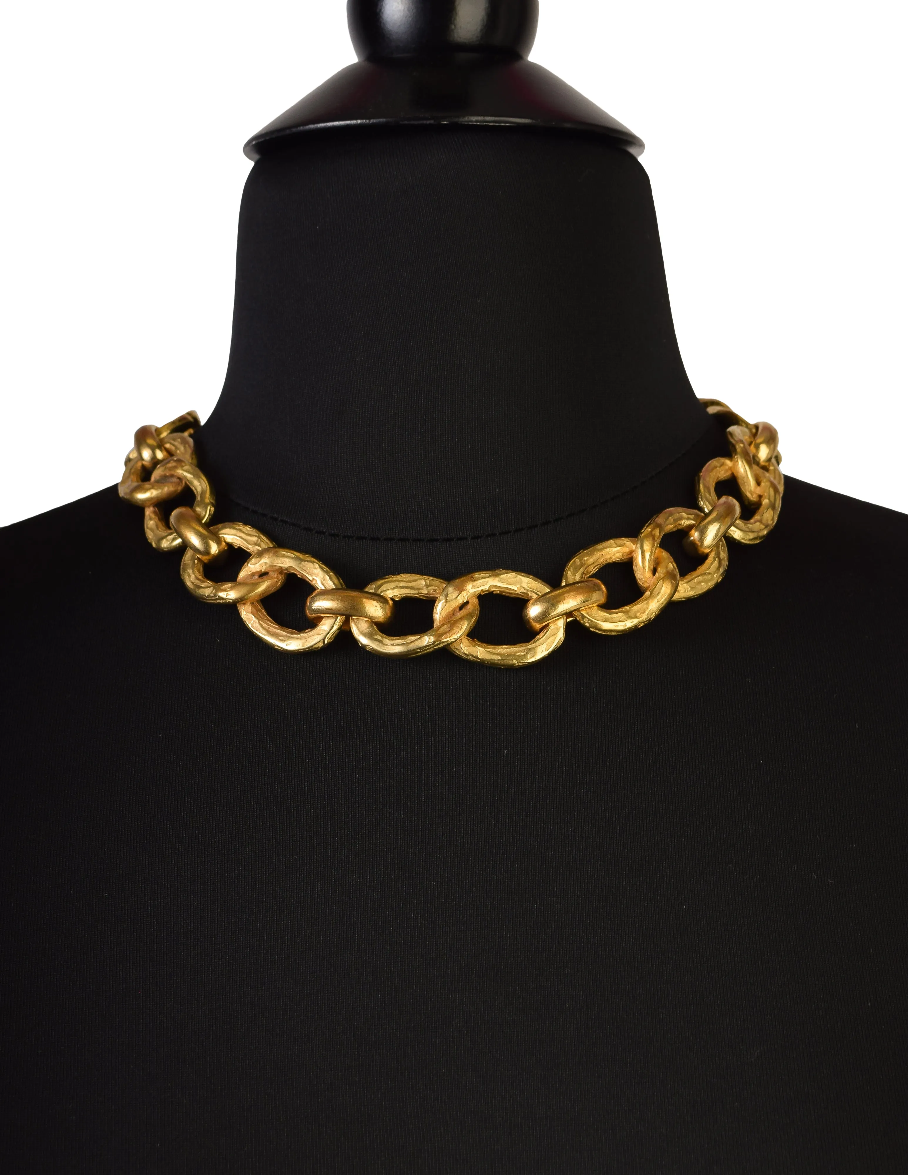 Pierre Cardin Vintage 1980s Artisanal Brushed Gold Chunky Oval Link Chain Necklace