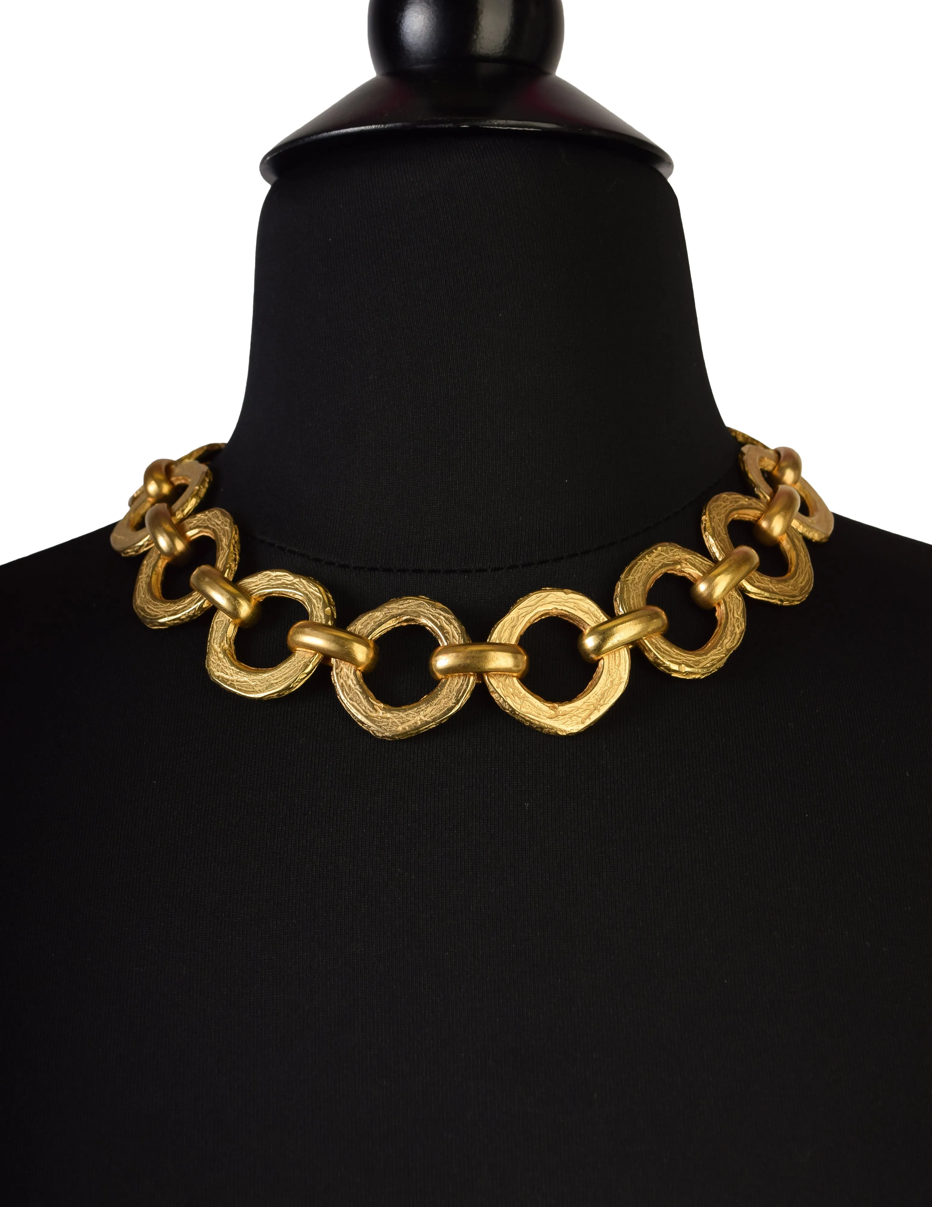 Pierre Cardin Vintage 1980s Artisanal Brushed Gold Round Link Chain Necklace