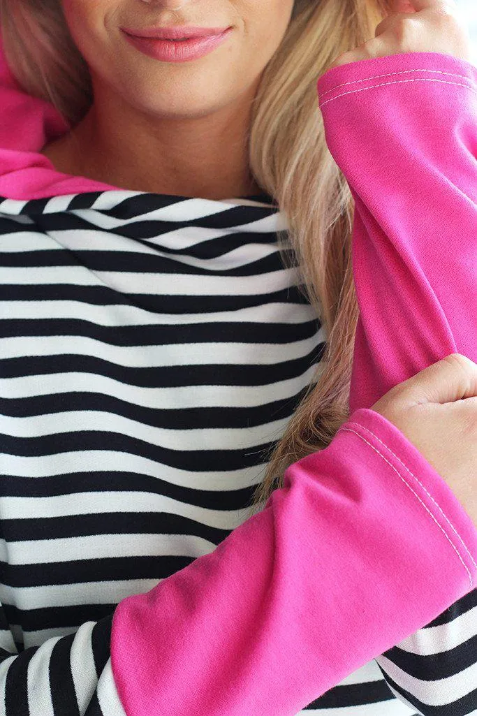 Pink and Black Striped Hooded Tunic