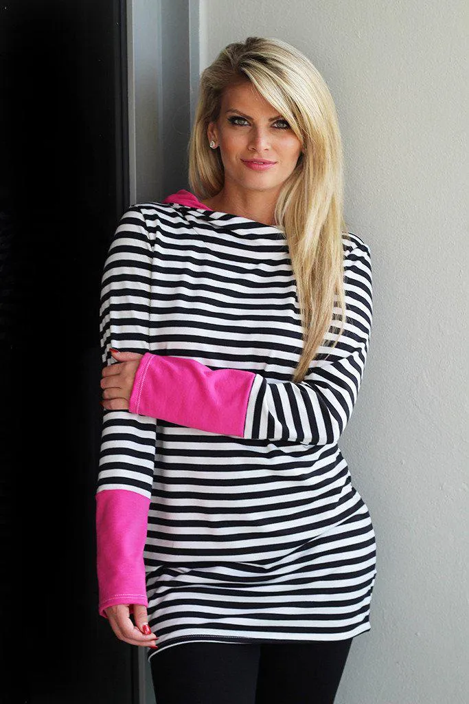 Pink and Black Striped Hooded Tunic