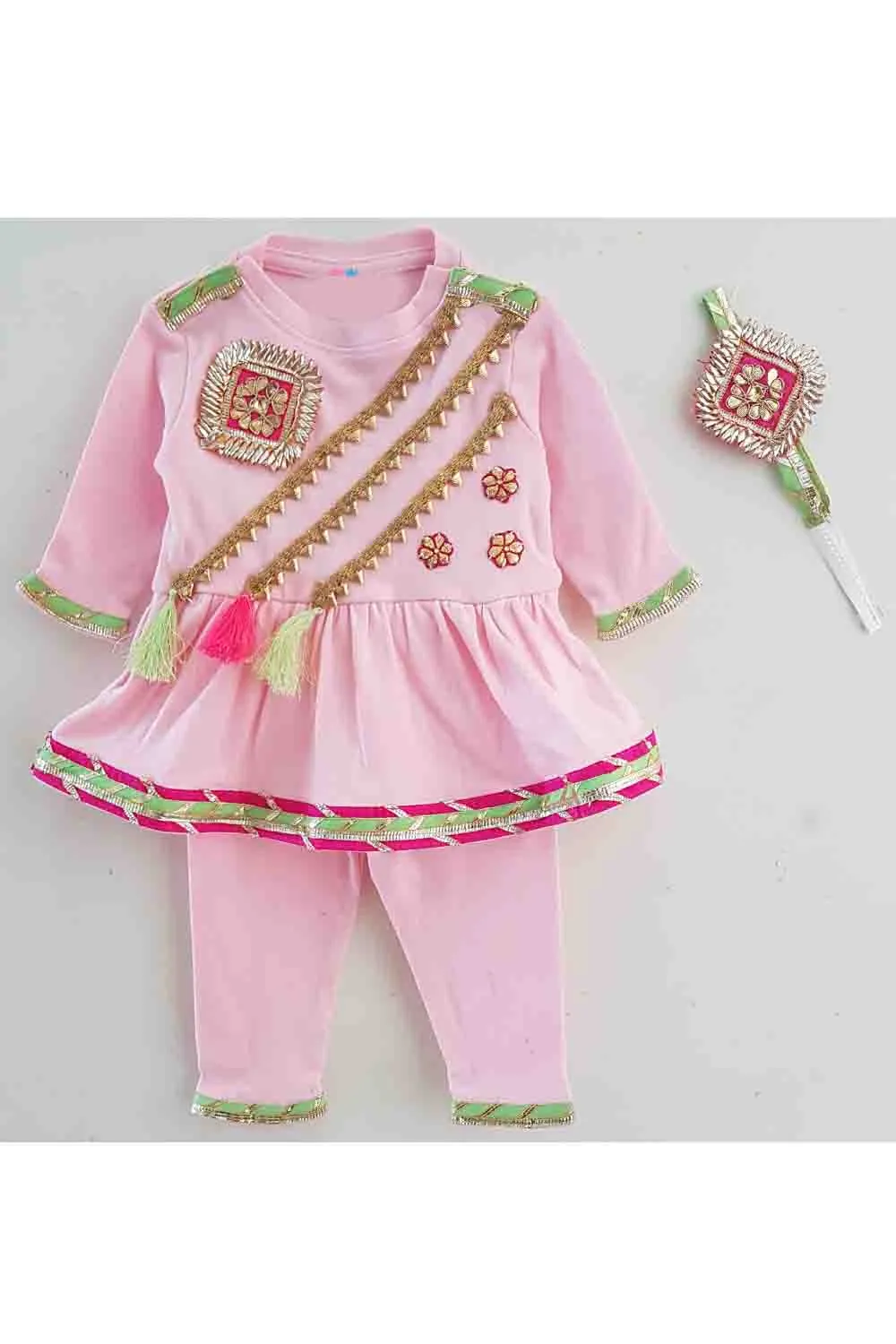 Pink peplum gota work romper for baby girls