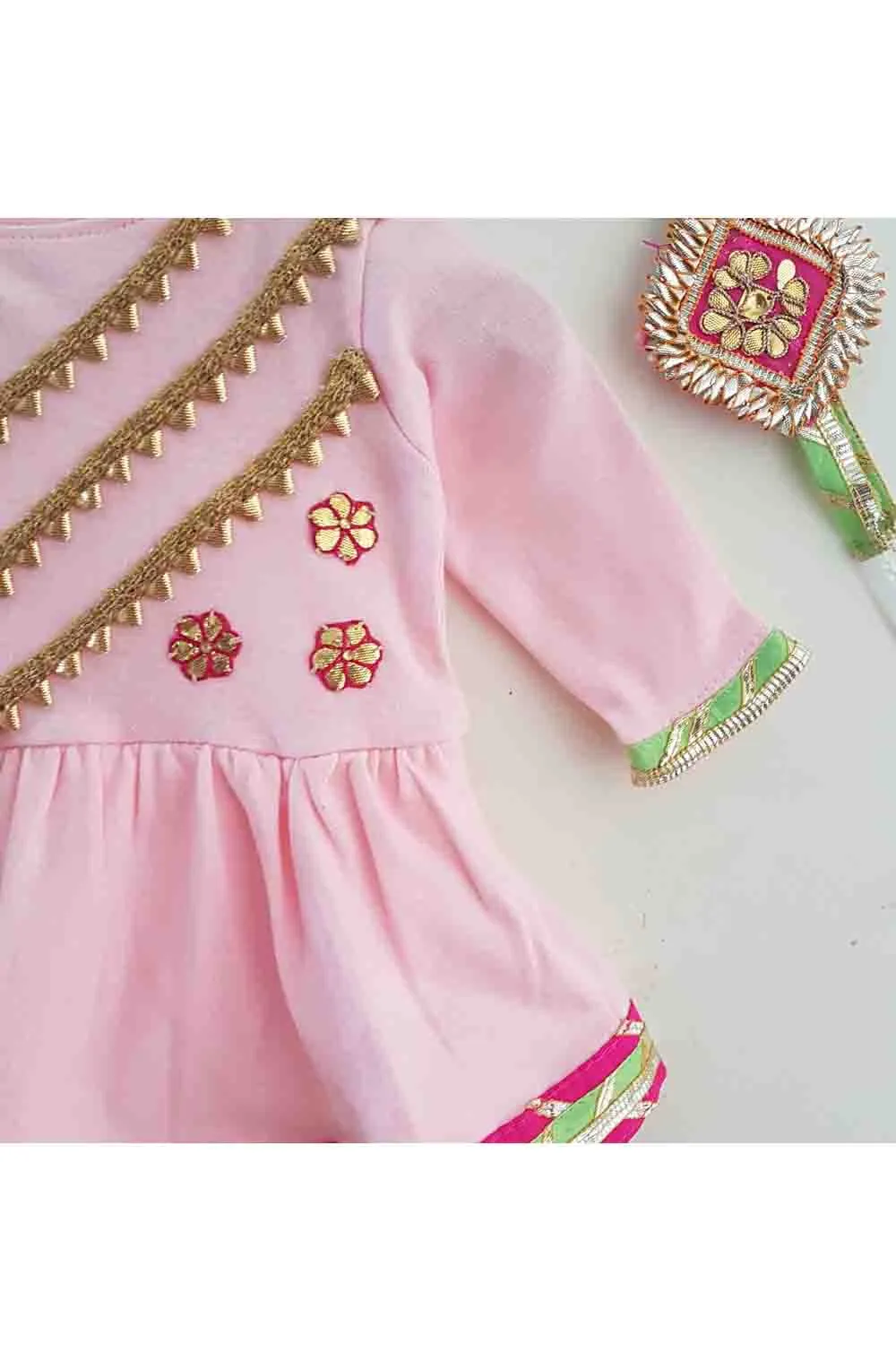 Pink peplum gota work romper for baby girls