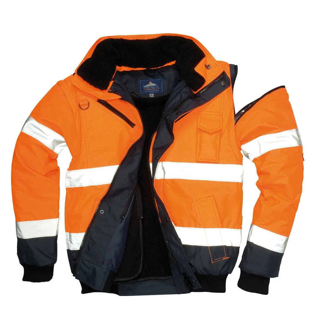 PORTWEST® Hi Vis Waterproof Winter Bomber Jacket With Detachable Sleeves - ANSI Class 3 - UC465