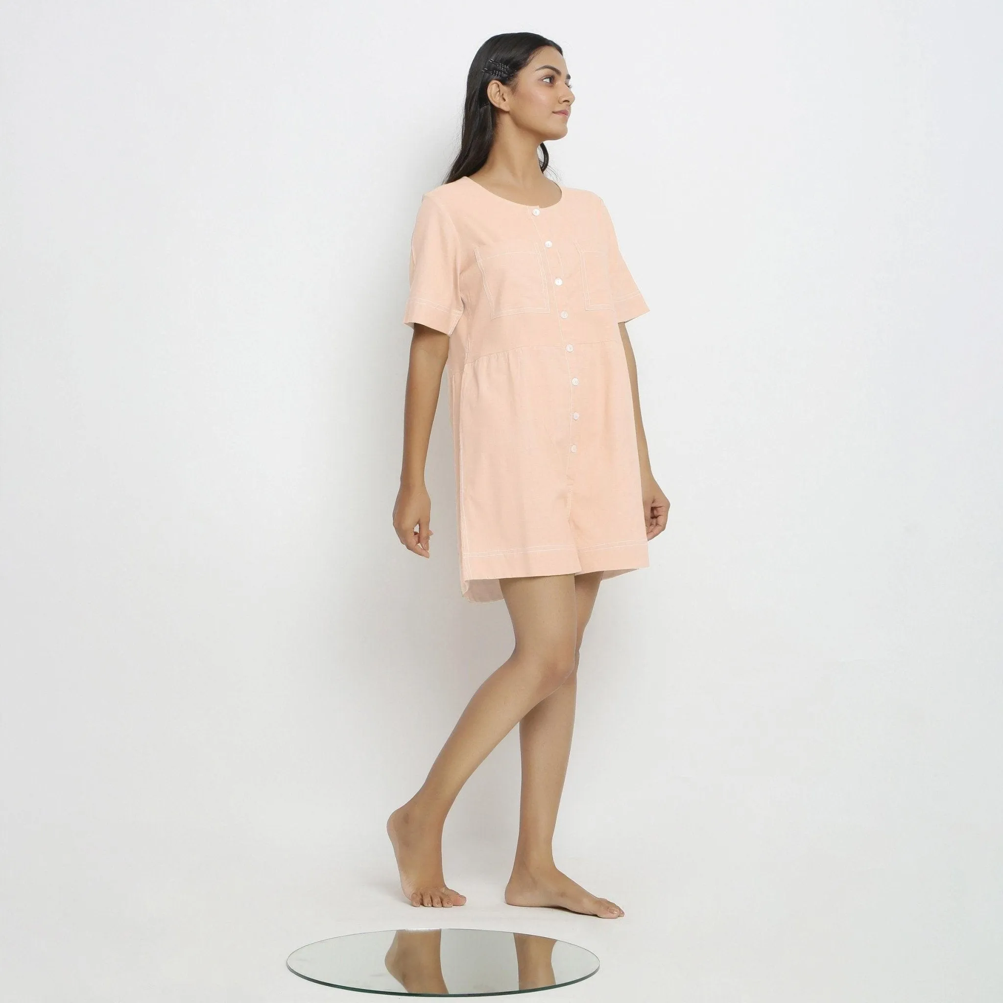 Powder Pink Button-Down Vegetable Dyed Cotton Romper