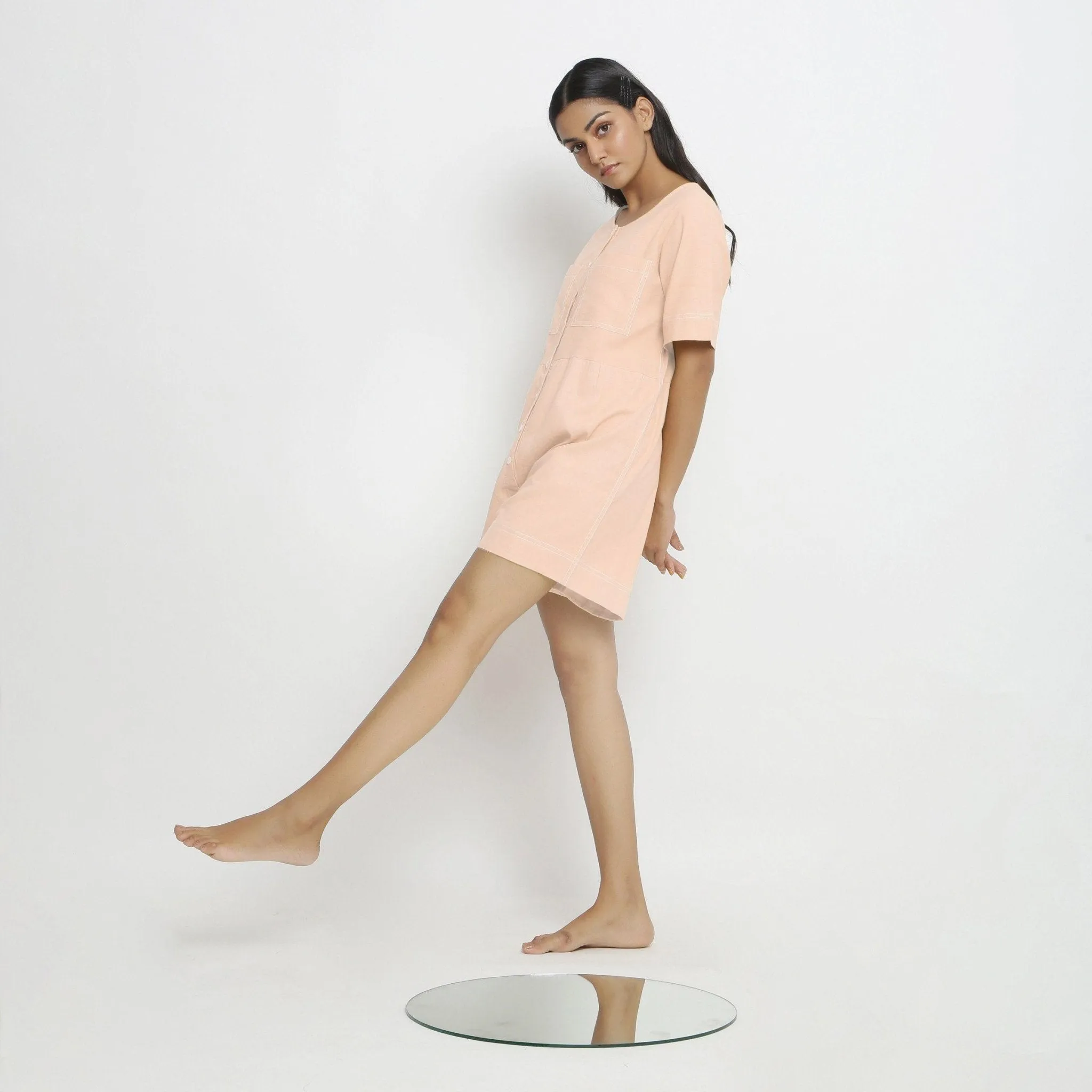 Powder Pink Button-Down Vegetable Dyed Cotton Romper