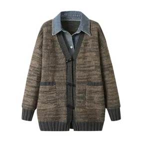 Pre Order:  Brown Knitted Patchwork Denim Cardigan Sweater