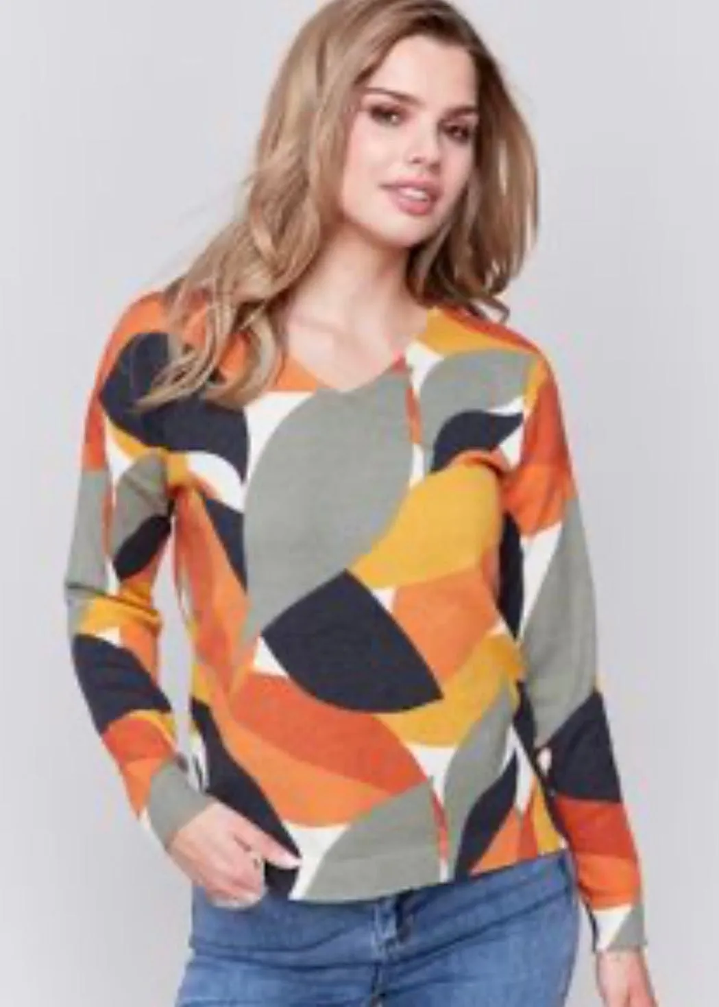 Printed Plushy V-Neck Sweater in Spruce