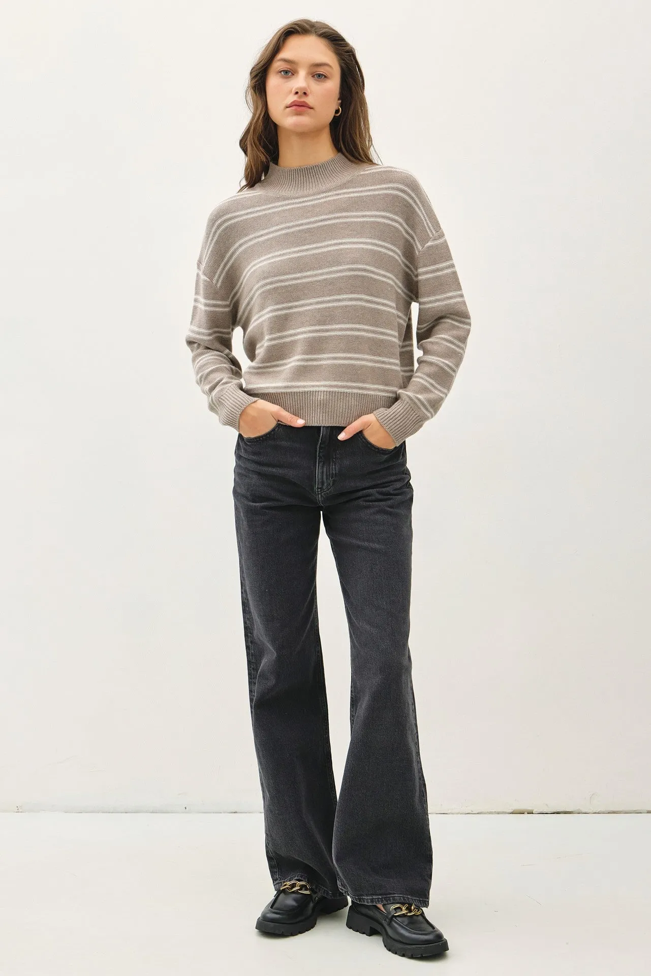 Ribbed Knit Double Stripe Mock Neck Sweater