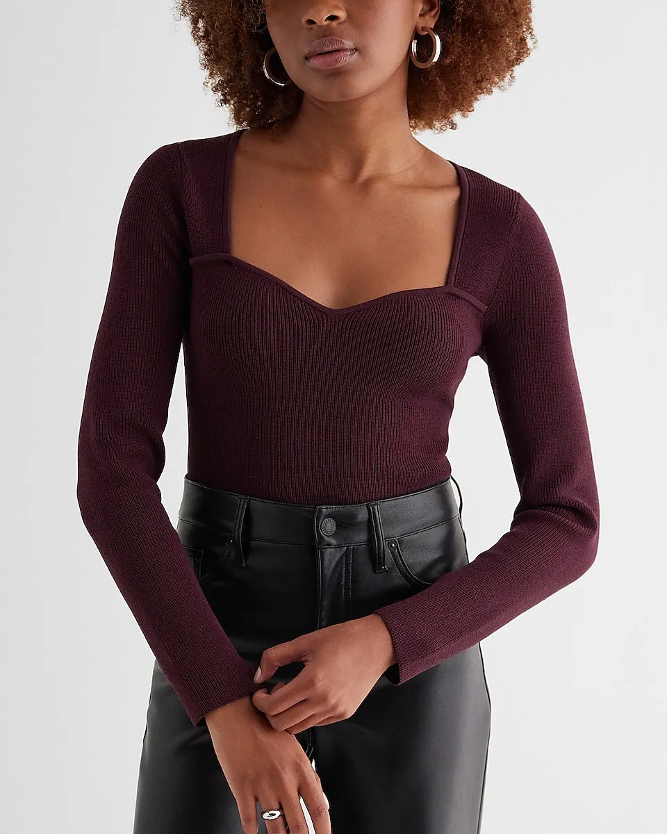 Ribbed Sweetheart Neckline Long Sleeve Sweater in Wine