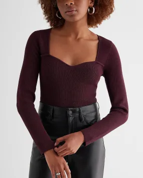 Ribbed Sweetheart Neckline Long Sleeve Sweater in Wine