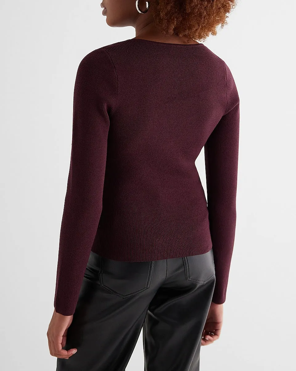 Ribbed Sweetheart Neckline Long Sleeve Sweater in Wine