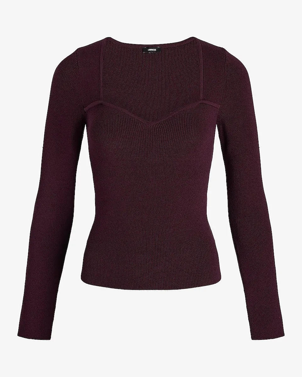 Ribbed Sweetheart Neckline Long Sleeve Sweater in Wine