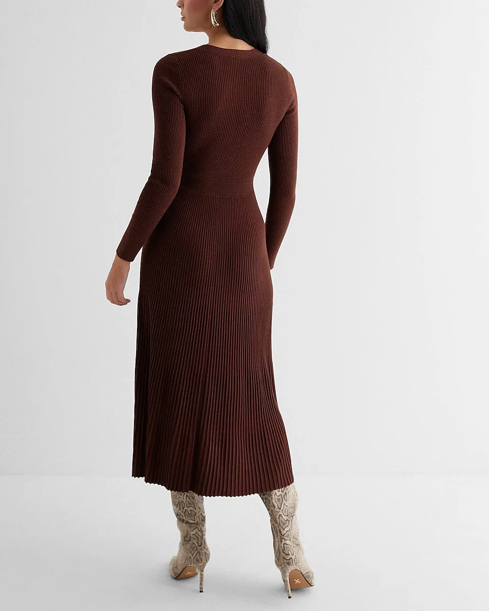 Ribbed V-Neck Long Sleeve Sweater Midi Dress in Rich Mocha