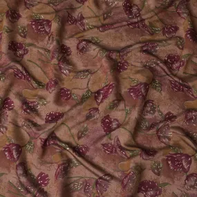 Rustic Maroon Blooms Blended Viscose Fabric - Artisanal Print, 110cm Wide, Shop Online-D18009