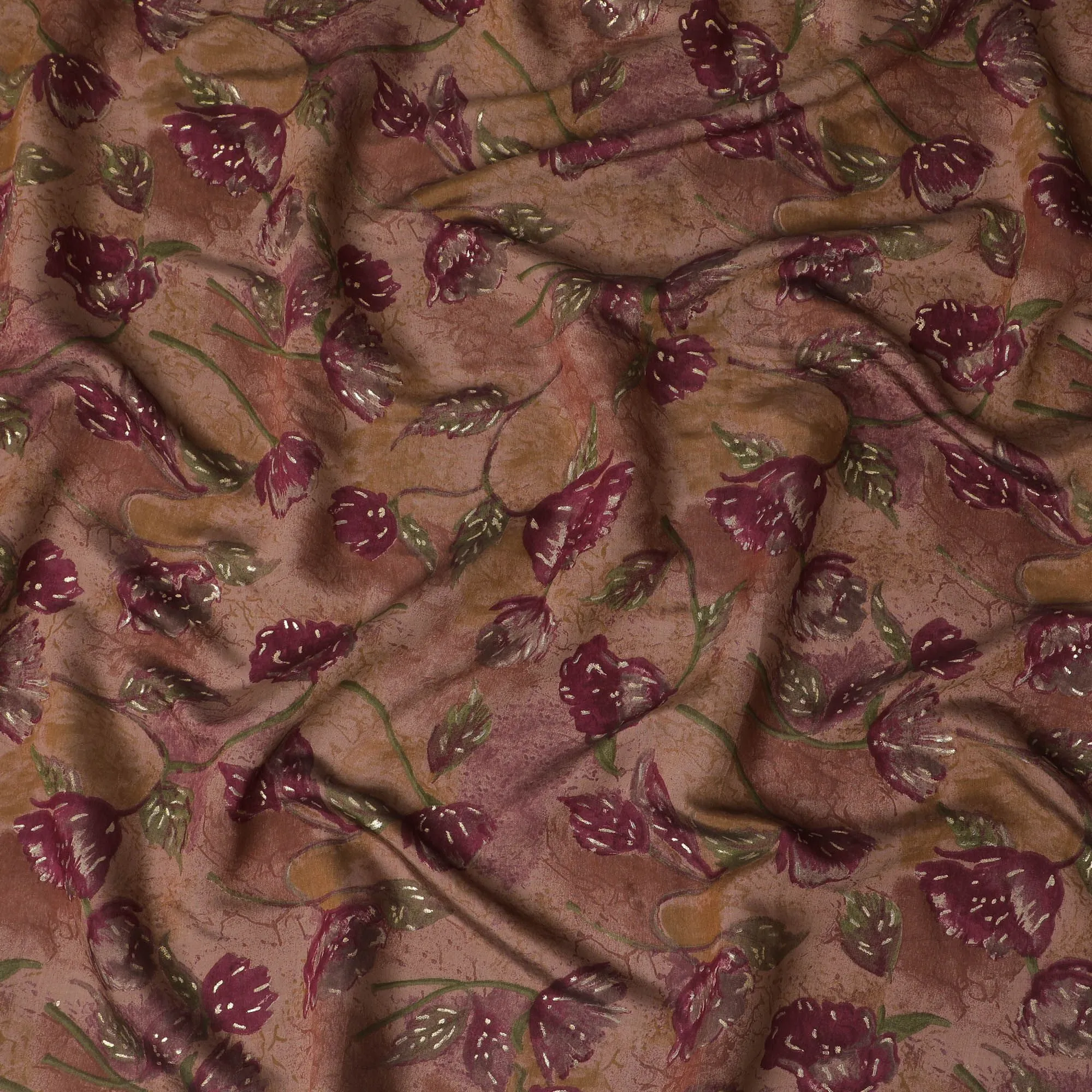 Rustic Maroon Blooms Blended Viscose Fabric - Artisanal Print, 110cm Wide, Shop Online-D18009