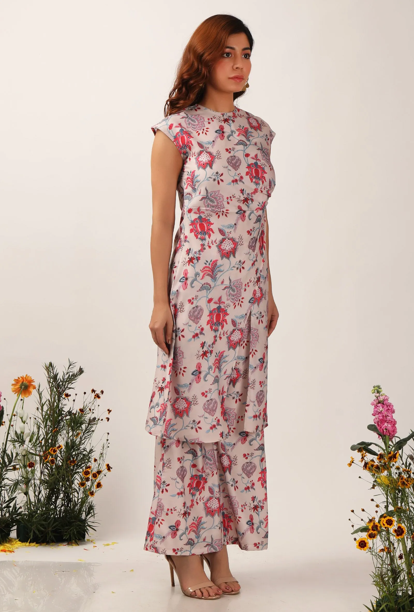 Set Of 2: Nadia Floral Chintz Slit Tunic With Bell Bottom Pants