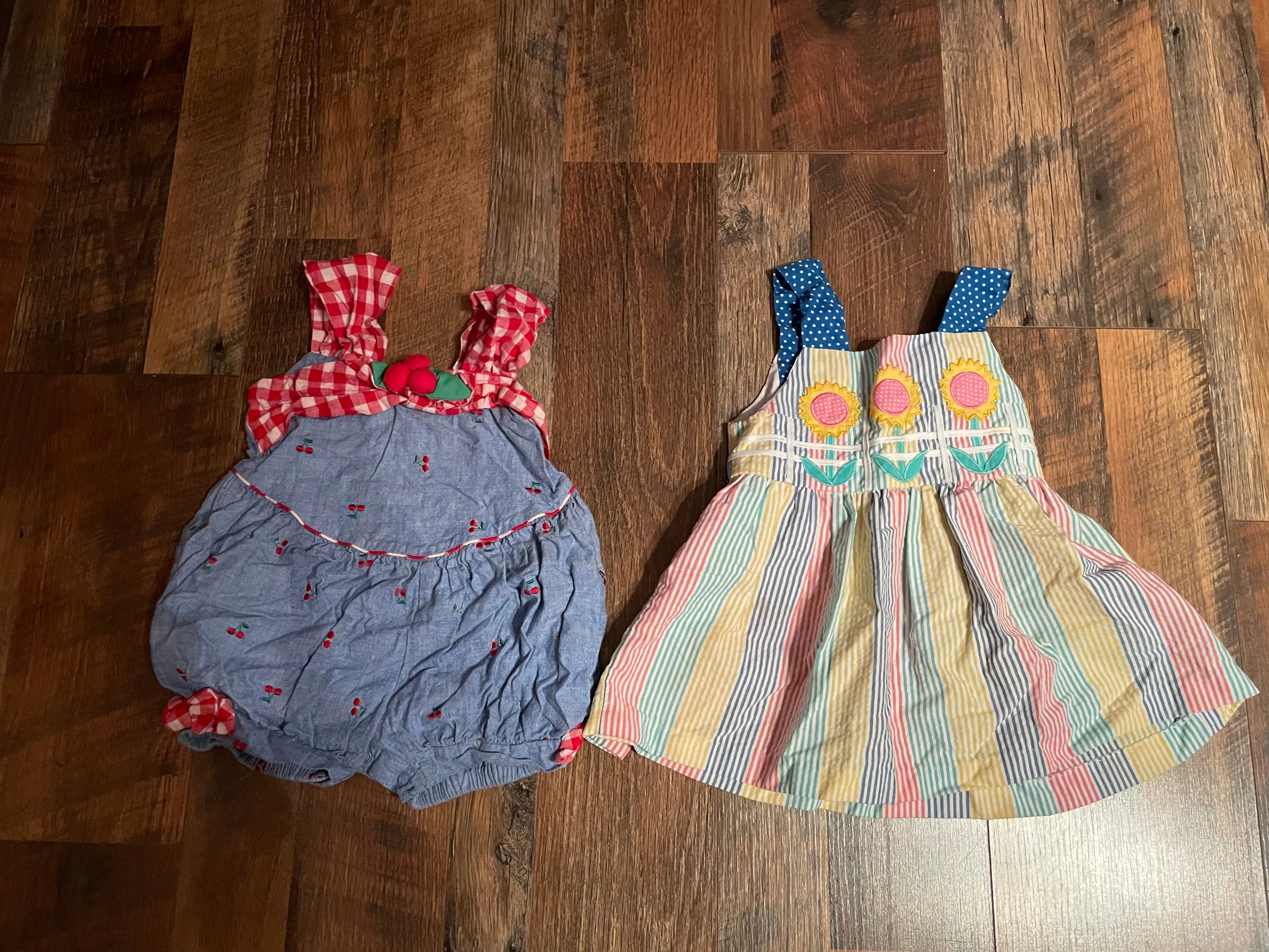 Set/2 Toddler Girls 2T Summer Spring Dress and  RomperSunflowers on Stripes and Red Cherries on Blue