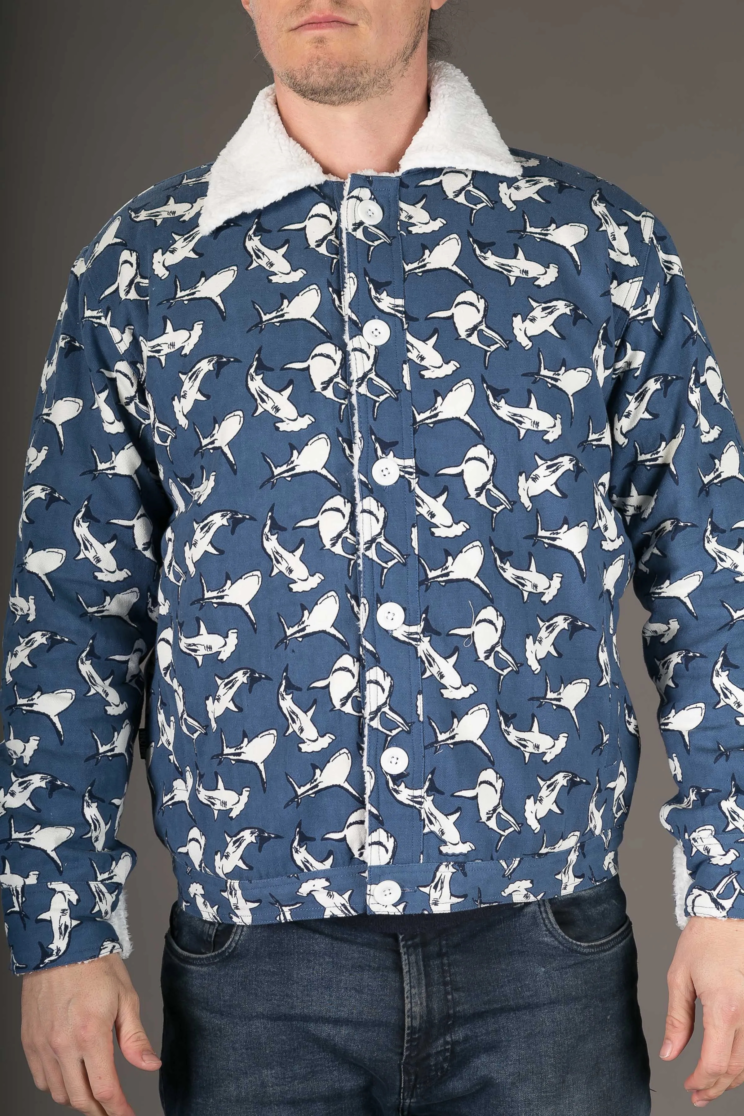 Shark Print Canvas Cotton Mens Winter Jacket Shearling Lining