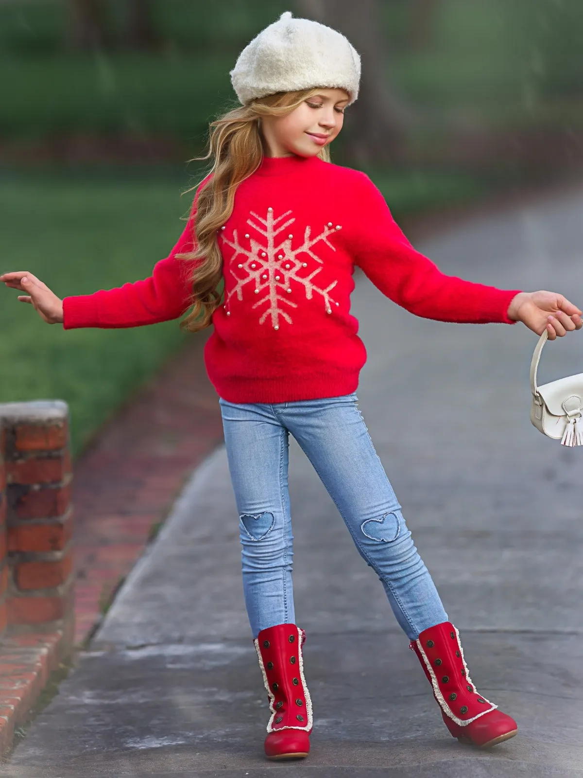 Snowflake and Pearls Fuzzy Holiday Sweater