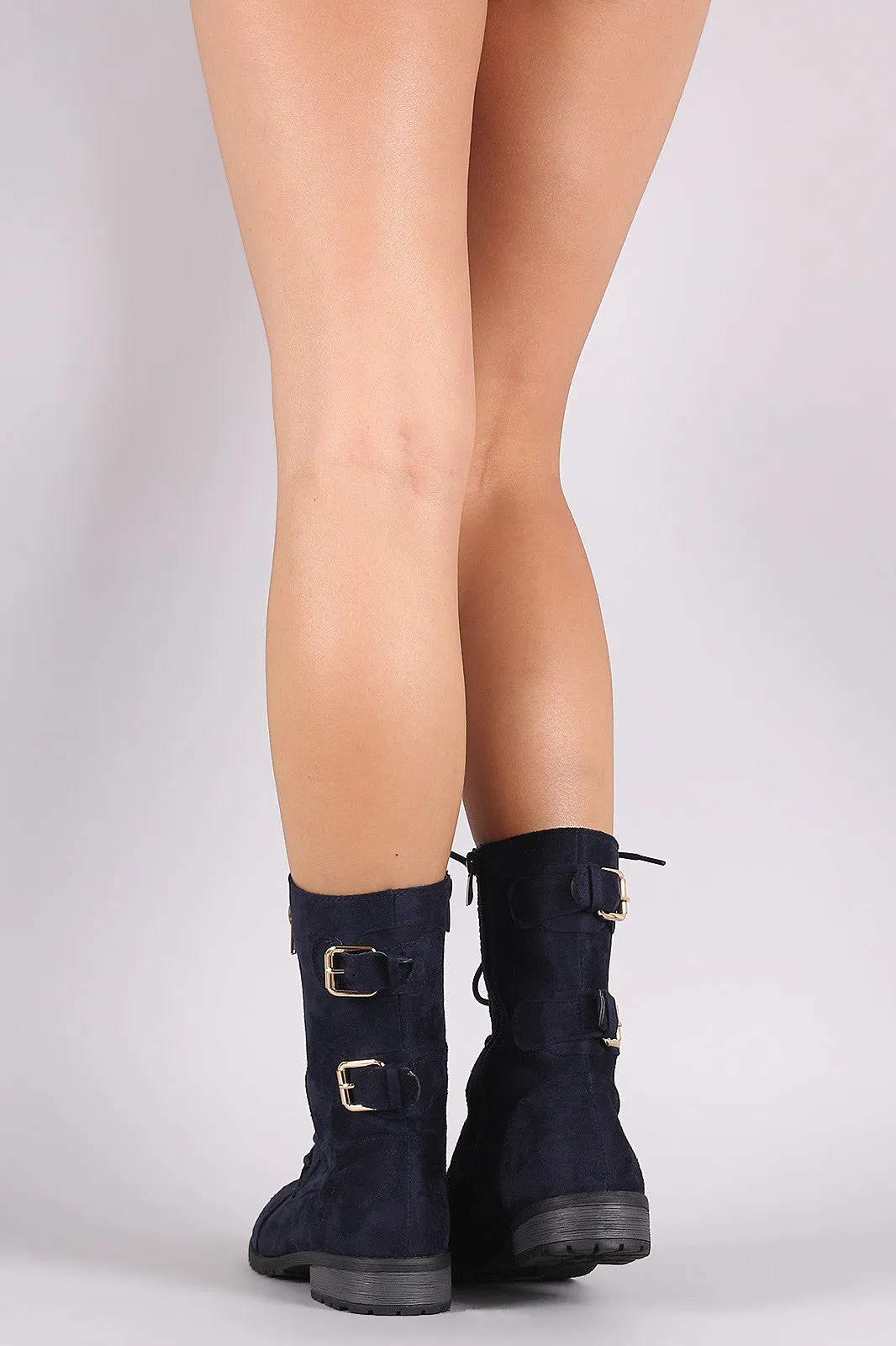 Suede Buckled Zipper Combat Lace Up Boots