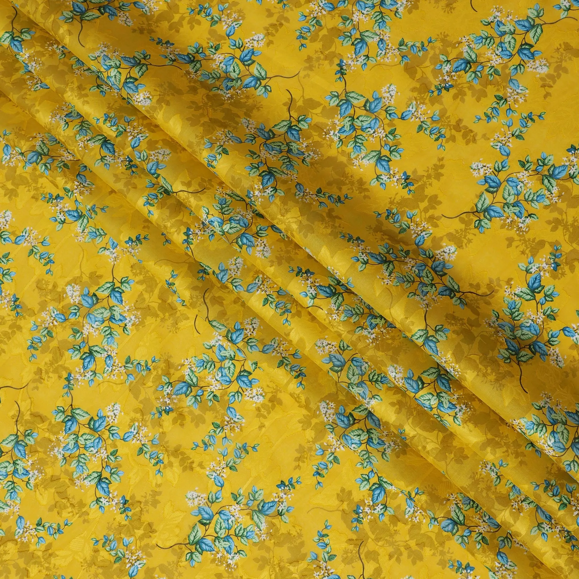 Sunny Marigold Uragiri Cotton Voile Fabric with Blue Floral Print, 110 cm Wide - Indian Textile Splendor-D18984