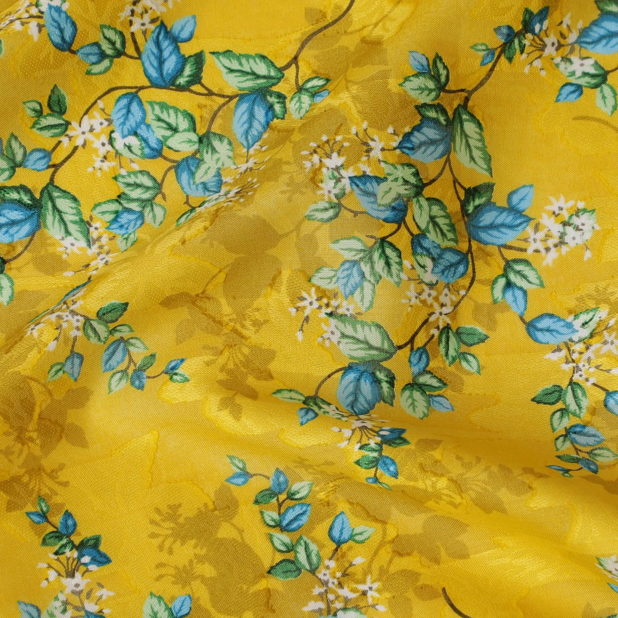 Sunny Marigold Uragiri Cotton Voile Fabric with Blue Floral Print, 110 cm Wide - Indian Textile Splendor-D18984