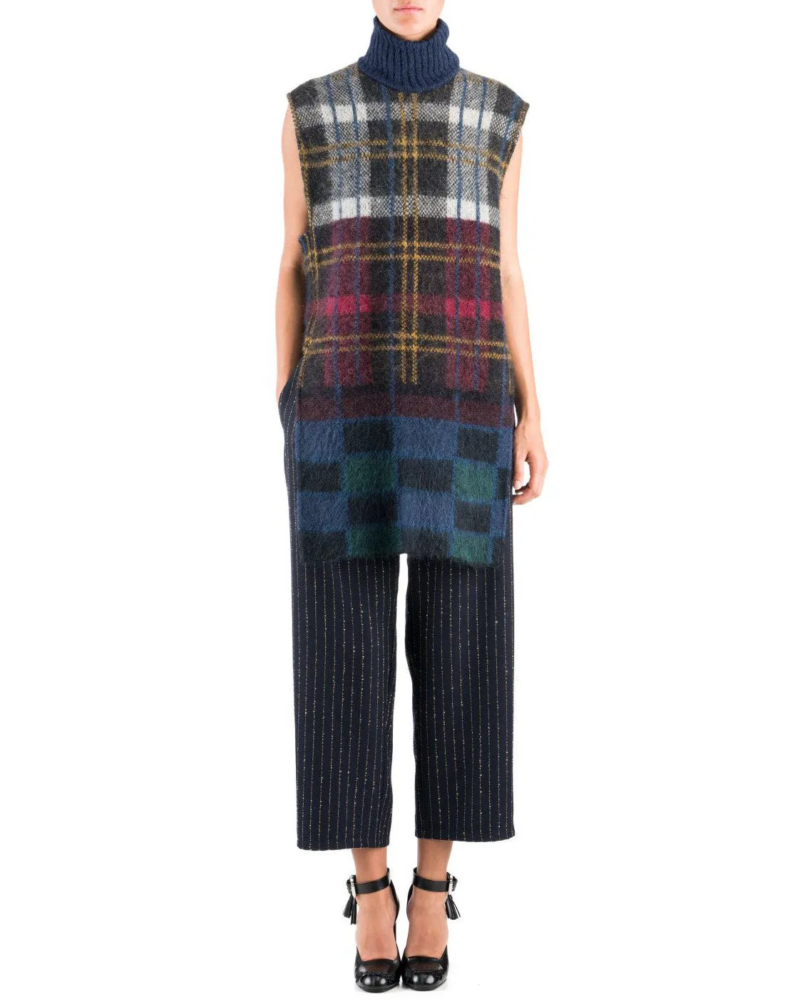 Suno Sleeveless Multicolored Plaid Mohair Tunic