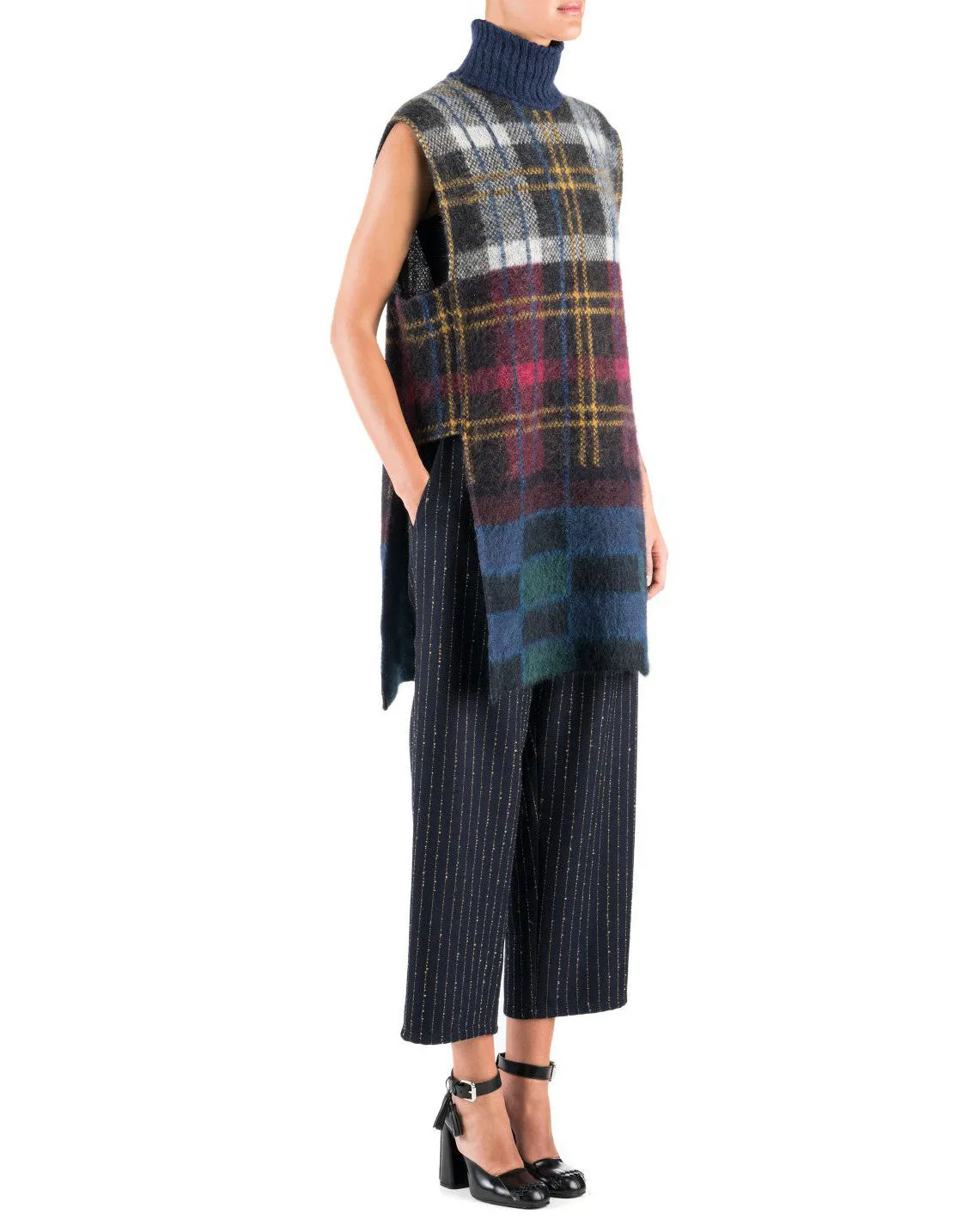 Suno Sleeveless Multicolored Plaid Mohair Tunic