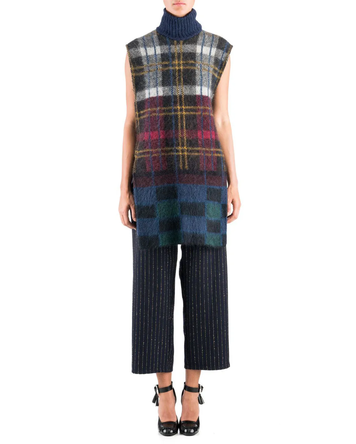 Suno Sleeveless Multicolored Plaid Mohair Tunic