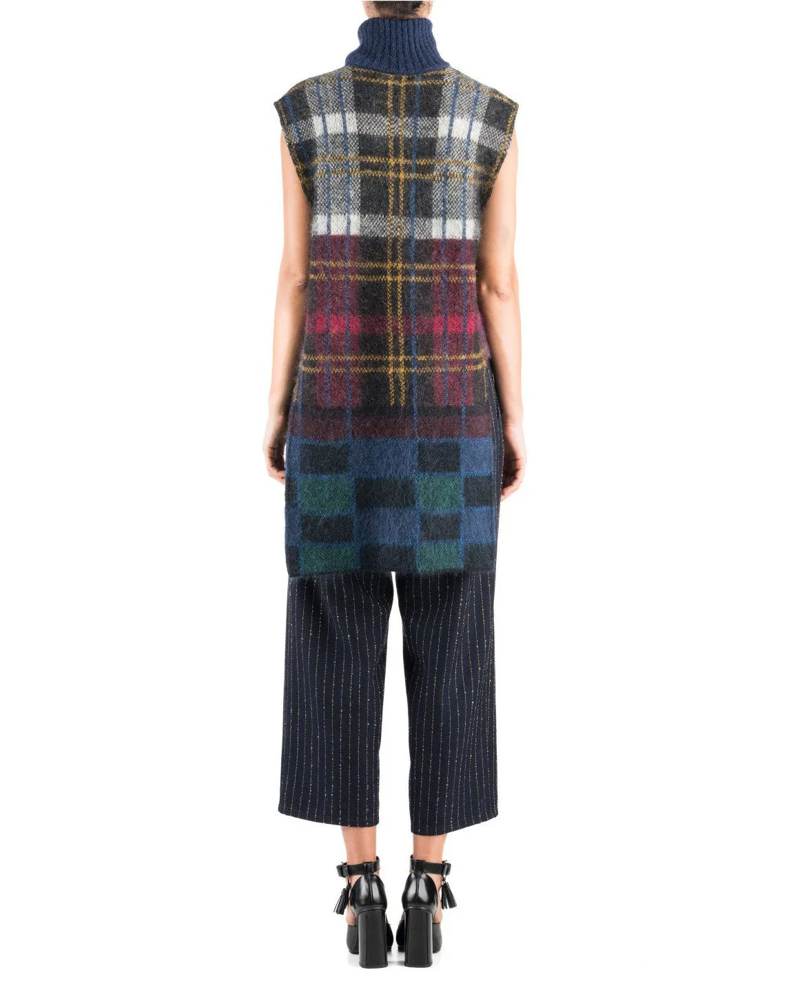 Suno Sleeveless Multicolored Plaid Mohair Tunic