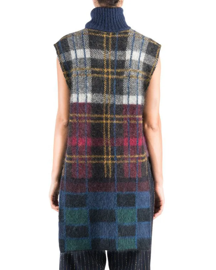 Suno Sleeveless Multicolored Plaid Mohair Tunic