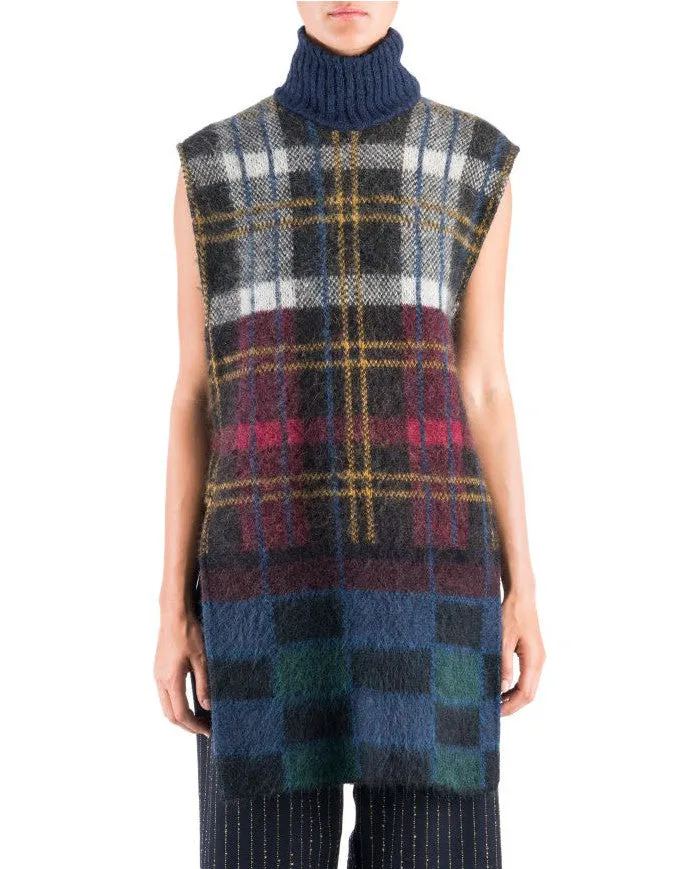 Suno Sleeveless Multicolored Plaid Mohair Tunic