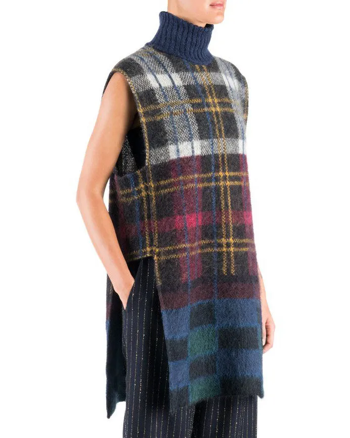 Suno Sleeveless Multicolored Plaid Mohair Tunic