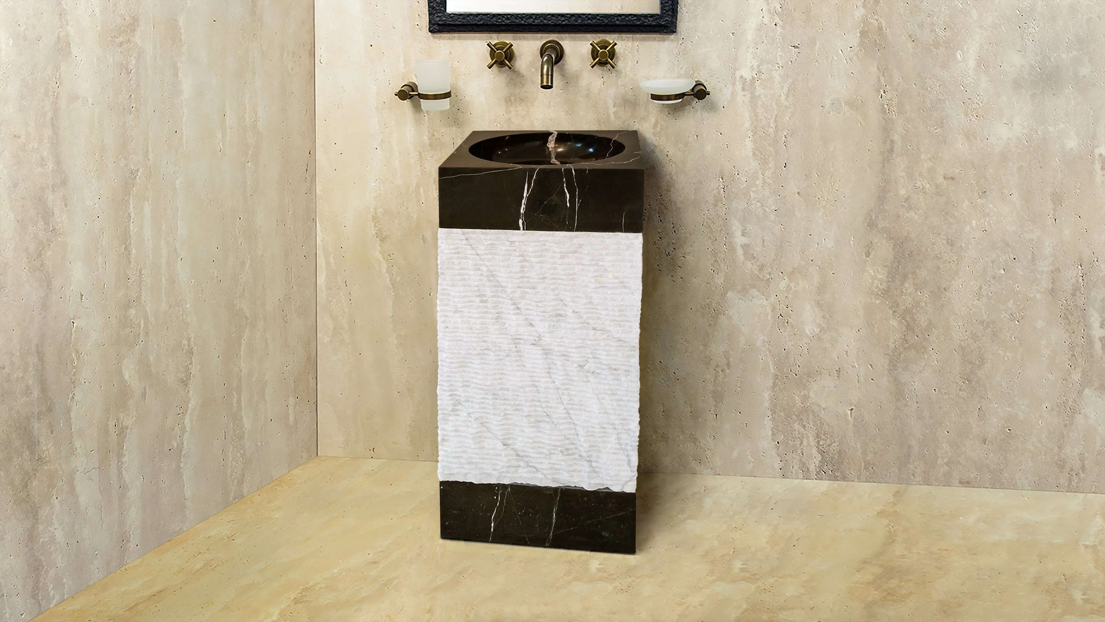 TCSC | Natural Stone 3 piece Marble Pedestal Stand-alone Sink Toros Black-Carrara White