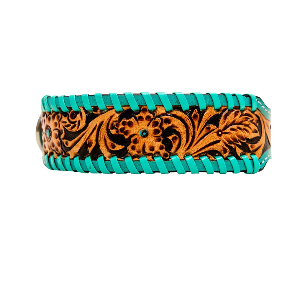 TEAL LACED HAND-TOOLED PADDED LEATHER DOG COLLAR