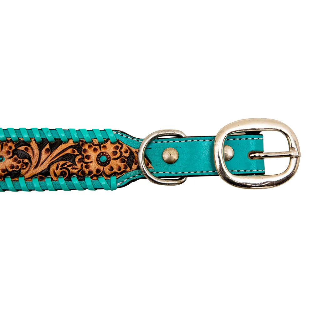 TEAL LACED HAND-TOOLED PADDED LEATHER DOG COLLAR